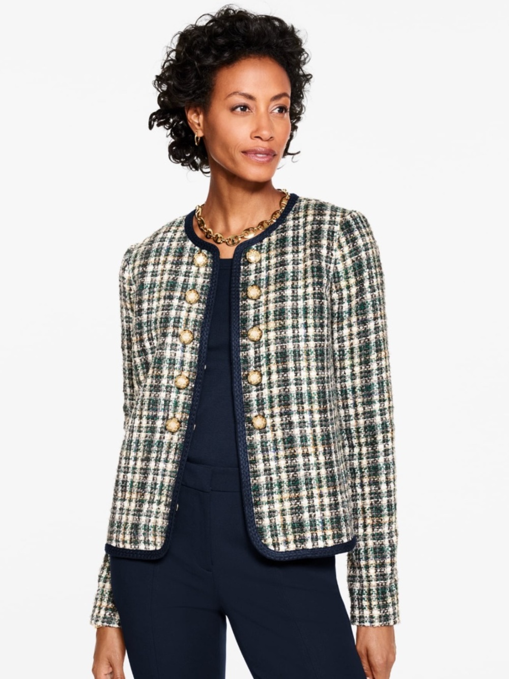 NWT Talbots Green and White Plaid Kensington Tweed Jacket with Navy Trim 18WP